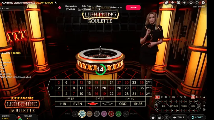 XXXtreme Lightning Rouletteのプレイ画面
